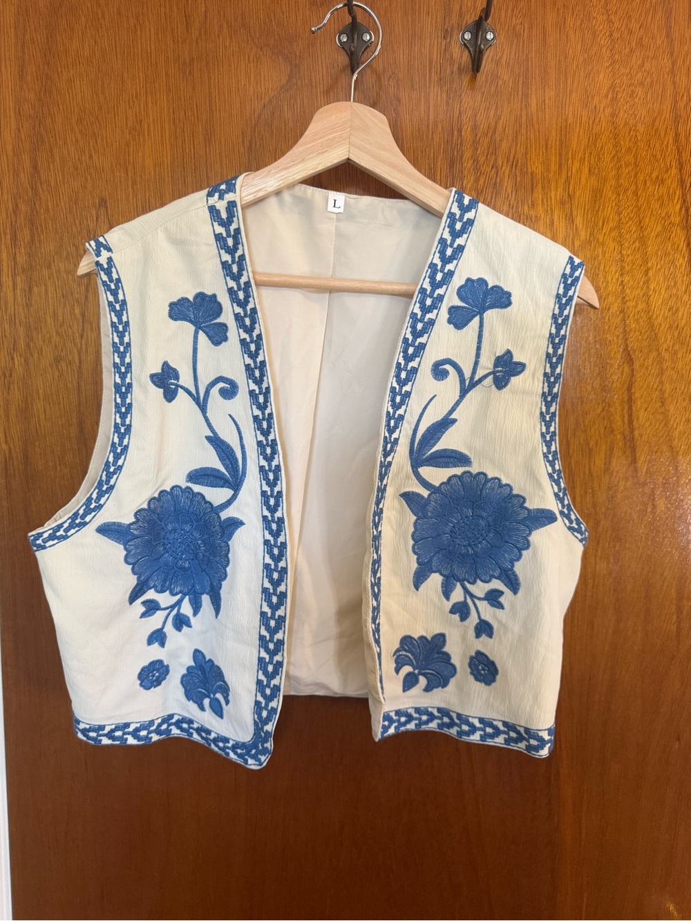Cream Embroidered Floral Vest with Blue Trim